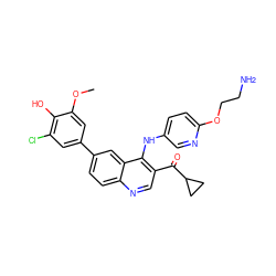 COc1cc(-c2ccc3ncc(C(=O)C4CC4)c(Nc4ccc(OCCN)nc4)c3c2)cc(Cl)c1O ZINC000203981802