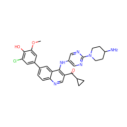 COc1cc(-c2ccc3ncc(C(=O)C4CC4)c(Nc4cnc(N5CCC(N)CC5)nc4)c3c2)cc(Cl)c1O ZINC000114037801