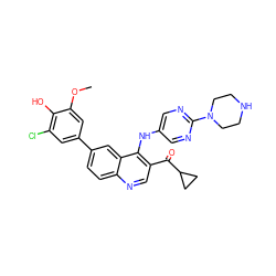 COc1cc(-c2ccc3ncc(C(=O)C4CC4)c(Nc4cnc(N5CCNCC5)nc4)c3c2)cc(Cl)c1O ZINC000114038280