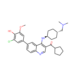 COc1cc(-c2ccc3ncc(C(=O)C4CCCC4)c(N[C@H]4CC[C@H](CN(C)C)CC4)c3c2)cc(Cl)c1O ZINC000473199099