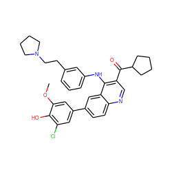 COc1cc(-c2ccc3ncc(C(=O)C4CCCC4)c(Nc4cccc(CCN5CCCC5)c4)c3c2)cc(Cl)c1O ZINC000203982244