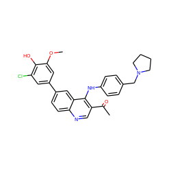 COc1cc(-c2ccc3ncc(C(C)=O)c(Nc4ccc(CN5CCCC5)cc4)c3c2)cc(Cl)c1O ZINC000219370082