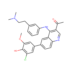 COc1cc(-c2ccc3ncc(C(C)=O)c(Nc4cccc(CCN(C)C)c4)c3c2)cc(Cl)c1O ZINC000114035217