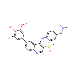 COc1cc(-c2ccc3ncc(S(C)(=O)=O)c(Nc4ccc(CN(C)C)cc4)c3c2)cc(Cl)c1O ZINC000114037075