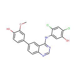 COc1cc(-c2ccc3ncnc(Nc4cc(O)c(Cl)cc4Cl)c3c2)ccc1O ZINC000143219959