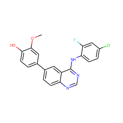 COc1cc(-c2ccc3ncnc(Nc4ccc(Cl)cc4F)c3c2)ccc1O ZINC000143006991