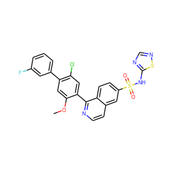 COc1cc(-c2cccc(F)c2)c(Cl)cc1-c1nccc2cc(S(=O)(=O)Nc3ncns3)ccc12 ZINC000215511461