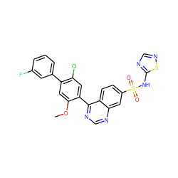 COc1cc(-c2cccc(F)c2)c(Cl)cc1-c1ncnc2cc(S(=O)(=O)Nc3ncns3)ccc12 ZINC000215523765