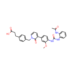 COc1cc(-c2cccn(Cc3ccc(CCC(=O)O)cc3)c2=O)ccc1NC(=O)Nc1ccccc1NC(C)=O ZINC000014963282