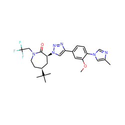 COc1cc(-c2cn([C@H]3C[C@@H](C(C)(C)C)CCN(CC(F)(F)F)C3=O)nn2)ccc1-n1cnc(C)c1 ZINC000084635915