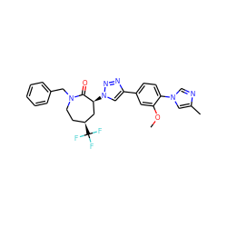 COc1cc(-c2cn([C@H]3C[C@@H](C(F)(F)F)CCN(Cc4ccccc4)C3=O)nn2)ccc1-n1cnc(C)c1 ZINC000084616181