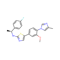 COc1cc(-c2cnc(N[C@@H](C)c3ccc(F)cc3)s2)ccc1-n1cnc(C)c1 ZINC000072178427