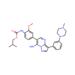 COc1cc(-c2cnc3c(-c4cccc(N5CCN(C)CC5)c4)cnn3c2N)ccc1NC(=O)OCC(C)C ZINC000049089169