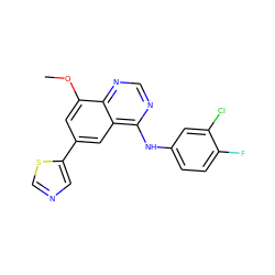 COc1cc(-c2cncs2)cc2c(Nc3ccc(F)c(Cl)c3)ncnc12 ZINC000299851963