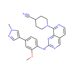 COc1cc(-c2cnn(C)c2)ccc1Nc1ncc2ccnc(N3CCC(C#N)CC3)c2n1 ZINC000223693033