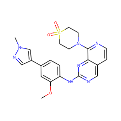 COc1cc(-c2cnn(C)c2)ccc1Nc1ncc2ccnc(N3CCS(=O)(=O)CC3)c2n1 ZINC000207634006