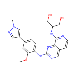 COc1cc(-c2cnn(C)c2)ccc1Nc1ncc2ccnc(NC(CO)CO)c2n1 ZINC000224122148