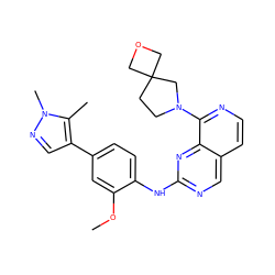 COc1cc(-c2cnn(C)c2C)ccc1Nc1ncc2ccnc(N3CCC4(COC4)C3)c2n1 ZINC000223686019