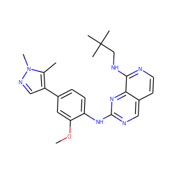 COc1cc(-c2cnn(C)c2C)ccc1Nc1ncc2ccnc(NCC(C)(C)C)c2n1 ZINC000224112974