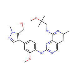 COc1cc(-c2cnn(C)c2CO)ccc1Nc1ncc2cc(C)nc(NCC(C)(C)OC)c2n1 ZINC000223711793