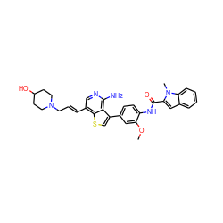 COc1cc(-c2csc3c(/C=C/CN4CCC(O)CC4)cnc(N)c23)ccc1NC(=O)c1cc2ccccc2n1C ZINC000014208913