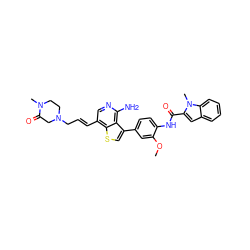 COc1cc(-c2csc3c(/C=C/CN4CCN(C)C(=O)C4)cnc(N)c23)ccc1NC(=O)c1cc2ccccc2n1C ZINC000028822593