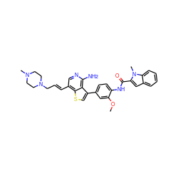 COc1cc(-c2csc3c(/C=C/CN4CCN(C)CC4)cnc(N)c23)ccc1NC(=O)c1cc2ccccc2n1C ZINC000028822590