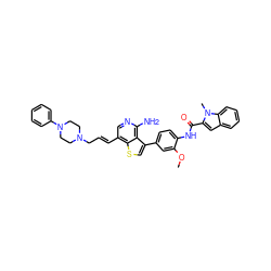 COc1cc(-c2csc3c(/C=C/CN4CCN(c5ccccc5)CC4)cnc(N)c23)ccc1NC(=O)c1cc2ccccc2n1C ZINC000028822591