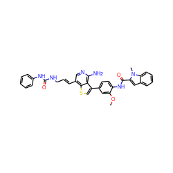 COc1cc(-c2csc3c(/C=C/CNC(=O)Nc4ccccc4)cnc(N)c23)ccc1NC(=O)c1cc2ccccc2n1C ZINC000028822587