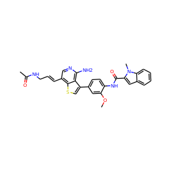 COc1cc(-c2csc3c(/C=C/CNC(C)=O)cnc(N)c23)ccc1NC(=O)c1cc2ccccc2n1C ZINC000028822588