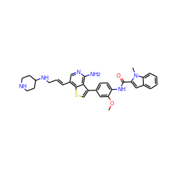 COc1cc(-c2csc3c(/C=C/CNC4CCNCC4)cnc(N)c23)ccc1NC(=O)c1cc2ccccc2n1C ZINC000028822594