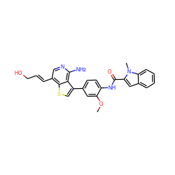 COc1cc(-c2csc3c(/C=C/CO)cnc(N)c23)ccc1NC(=O)c1cc2ccccc2n1C ZINC000028822581