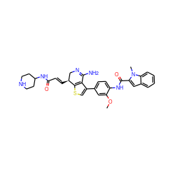 COc1cc(-c2csc3c2C(N)=NC[C@@H]3/C=C/C(=O)NC2CCNCC2)ccc1NC(=O)c1cc2ccccc2n1C ZINC000028822579