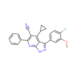 COc1cc(-c2n[nH]c3nc(-c4ccccc4)c(C#N)c(C4CC4)c23)ccc1Cl ZINC001772646372