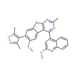 COc1cc(-c2nc(C)nc3[nH]c4cc(-c5c(C)noc5C)c(OC)cc4c23)c2ccccc2n1 ZINC000225378059