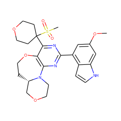 COc1cc(-c2nc3c(c(C4(S(C)(=O)=O)CCOCC4)n2)OCC[C@H]2COCCN32)c2cc[nH]c2c1 ZINC000218097202