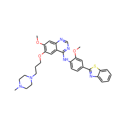 COc1cc(-c2nc3ccccc3s2)ccc1Nc1ncnc2cc(OC)c(OCCCN3CCN(C)CC3)cc12 ZINC000049756678