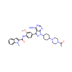 COc1cc(-c2nn(C3CCC(N4CCN(C(C)=O)CC4)CC3)c3ncnc(N)c23)ccc1NC(=O)c1cc2ccccc2n1C ZINC000014210723