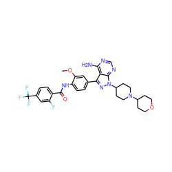COc1cc(-c2nn(C3CCN(C4CCOCC4)CC3)c3ncnc(N)c23)ccc1NC(=O)c1ccc(C(F)(F)F)cc1F ZINC000028565136