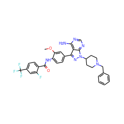 COc1cc(-c2nn(C3CCN(Cc4ccccc4)CC3)c3ncnc(N)c23)ccc1NC(=O)c1ccc(C(F)(F)F)cc1F ZINC000028564742