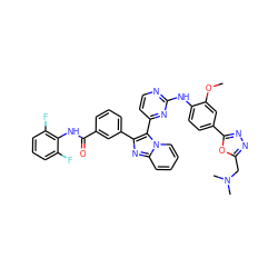 COc1cc(-c2nnc(CN(C)C)o2)ccc1Nc1nccc(-c2c(-c3cccc(C(=O)Nc4c(F)cccc4F)c3)nc3ccccn23)n1 ZINC000202873310