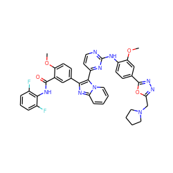 COc1cc(-c2nnc(CN3CCCC3)o2)ccc1Nc1nccc(-c2c(-c3ccc(OC)c(C(=O)Nc4c(F)cccc4F)c3)nc3ccccn23)n1 ZINC000165084544