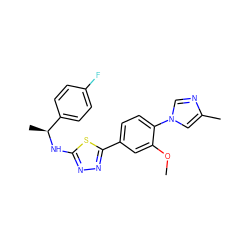 COc1cc(-c2nnc(N[C@@H](C)c3ccc(F)cc3)s2)ccc1-n1cnc(C)c1 ZINC000072178428