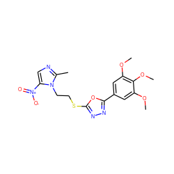 COc1cc(-c2nnc(SCCn3c([N+](=O)[O-])cnc3C)o2)cc(OC)c1OC ZINC000095601555