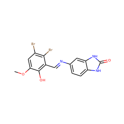 COc1cc(Br)c(Br)c(/C=N/c2ccc3[nH]c(=O)[nH]c3c2)c1O ZINC000003148634