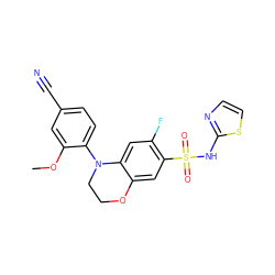 COc1cc(C#N)ccc1N1CCOc2cc(S(=O)(=O)Nc3nccs3)c(F)cc21 ZINC000220207224