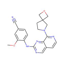 COc1cc(C#N)ccc1Nc1ncc2ccnc(N3CCC4(COC4)C3)c2n1 ZINC000224093845