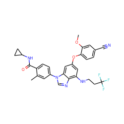 COc1cc(C#N)ccc1Oc1cc(NCCC(F)(F)F)c2ncn(-c3ccc(C(=O)NC4CC4)c(C)c3)c2c1 ZINC000203533488