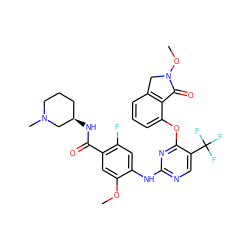 COc1cc(C(=O)N[C@@H]2CCCN(C)C2)c(F)cc1Nc1ncc(C(F)(F)F)c(Oc2cccc3c2C(=O)N(OC)C3)n1 ZINC000138486078