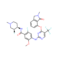 COc1cc(C(=O)N[C@@H]2CCN(C)C[C@@H]2F)c(F)cc1Nc1ncc(C(F)(F)F)c(Oc2cccc3c2C(=O)N(C)C3)n1 ZINC000145980885